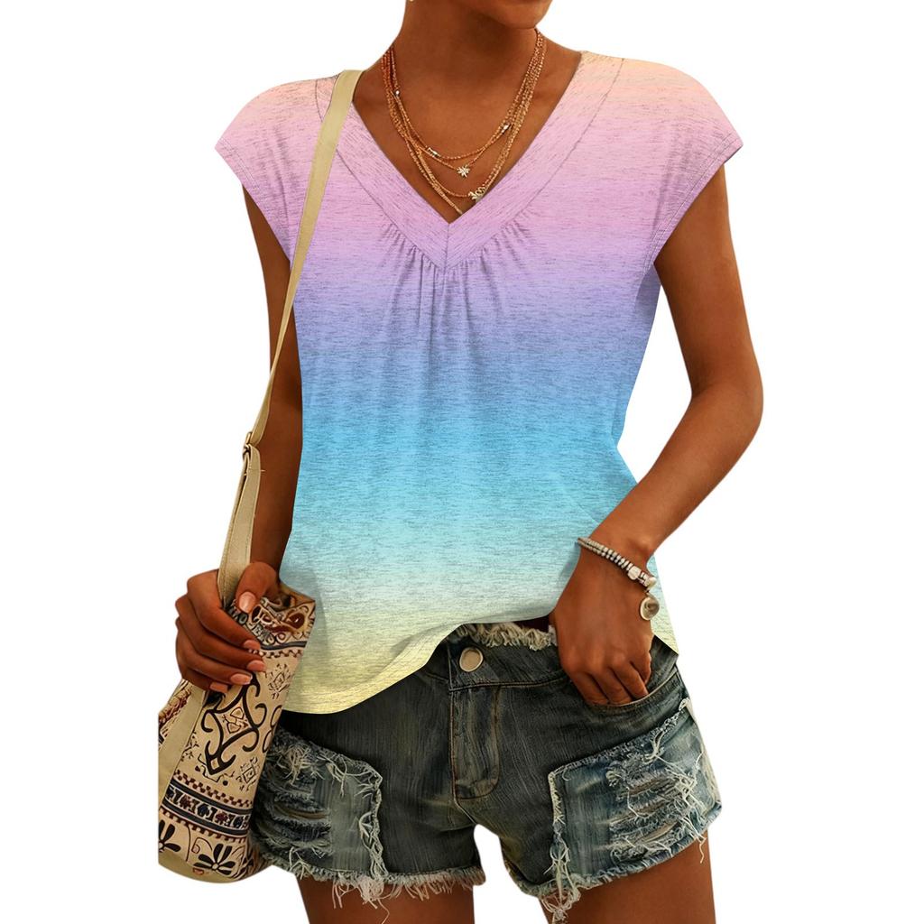 Women's Fashion V-neck Gradient Print Short Sleeve Top