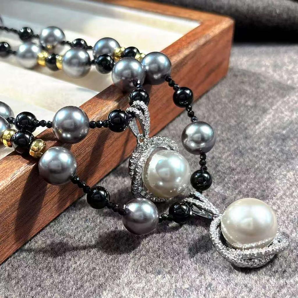 Design Highlight Dark Night Black Artificial Crystal Pearl Natural Black Agate Collarbone Chain Necklace Pendant