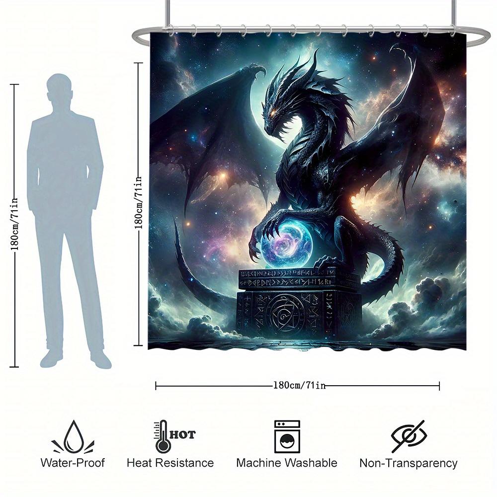 1pc Shower Curtain - Majestic Black Dragon with Celestial Background and Mystical Orb Design for a Dramatic Bathroom Waterproof