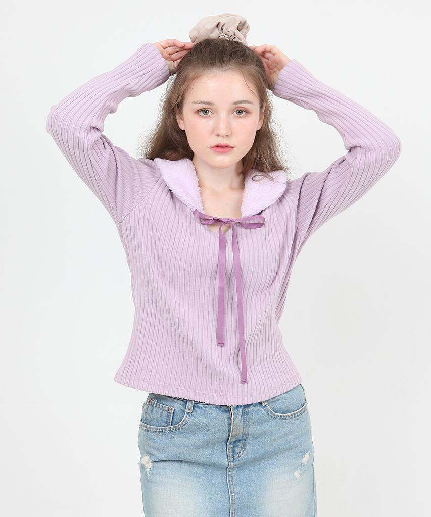 CATTLINE Fur Collar Knit T-Shirt (Purple)