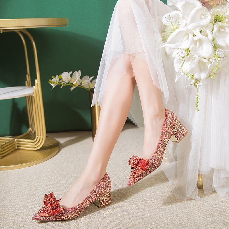 Premium wedding mid-heel shoes women's thick heel bow single shoes 2025 new wedding shoes bride shoes two wear not tired feet