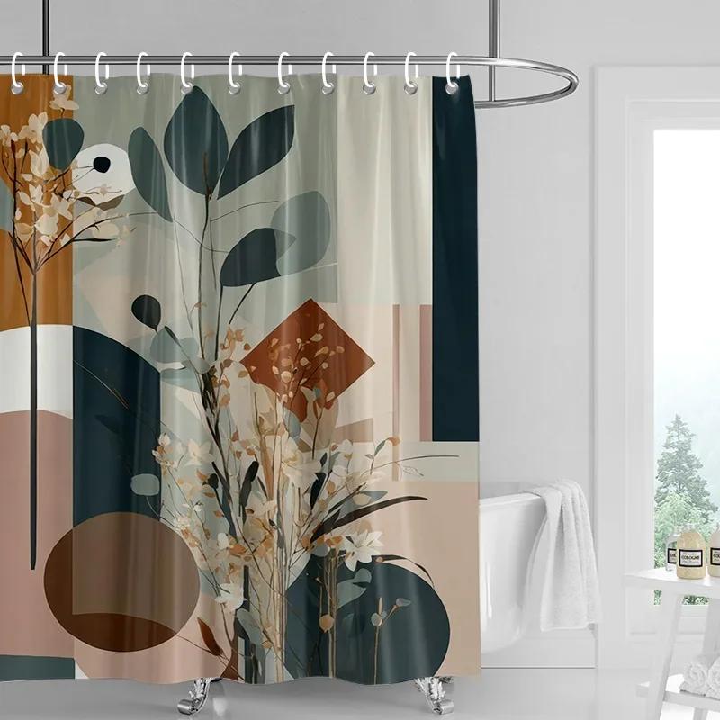 Nordic Style Bathroom Soft Fabric Shower Curtain Abstract Tropical Plant Art Pattern Waterproof Bathroom Decorative Curtain