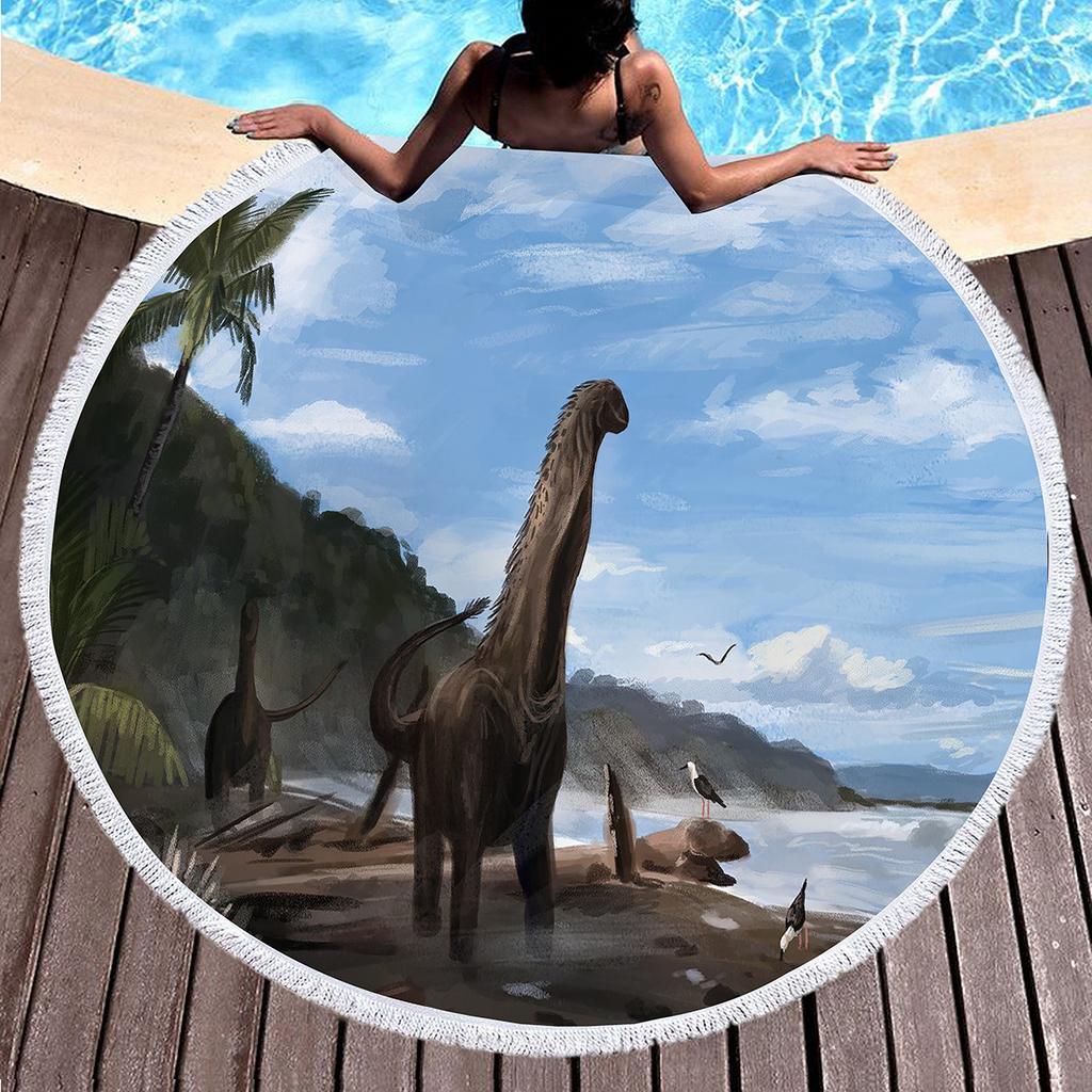 Cartoon Dinosaur Beach Towel with Tassels Polyester Sand Resistant Round Beach Blanket,Quick Dry Pool Towel Portable Picnic Mat