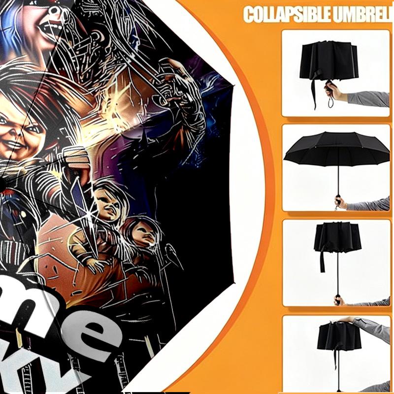 Custom Name Personalized Bride of Chucky Print Umbrella, Auto Open Close, 8‑Rib Sturdy Frame, Commute Camping Hiking Use, Birthday Gift