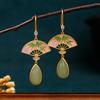 Chinese Bamboo Fan-Shaped Earrings with Imitation Hetian Jade & Enamel