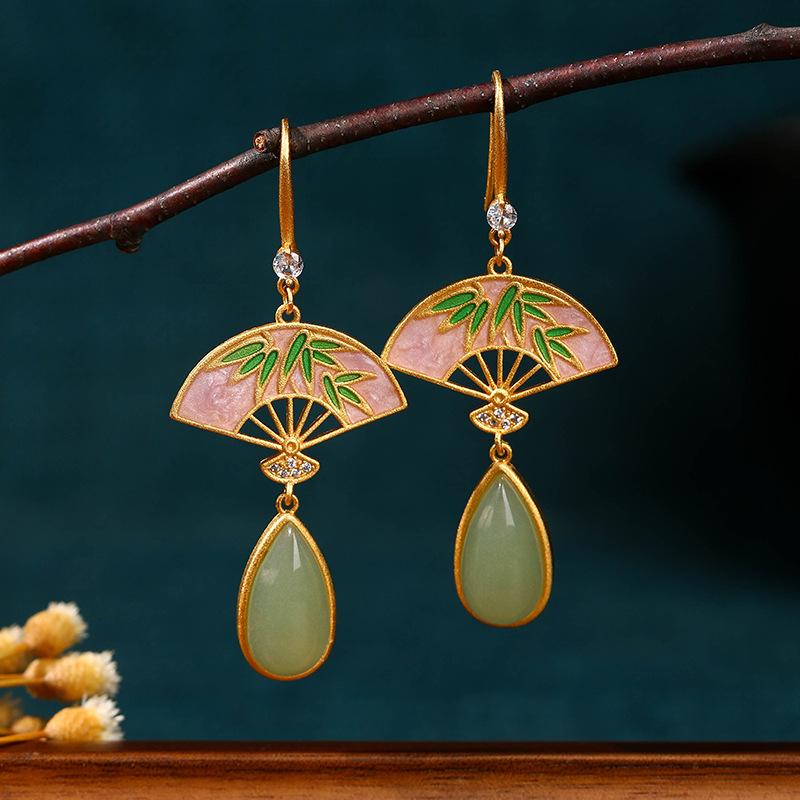 Chinese Bamboo Fan-Shaped Earrings with Imitation Hetian Jade & Enamel