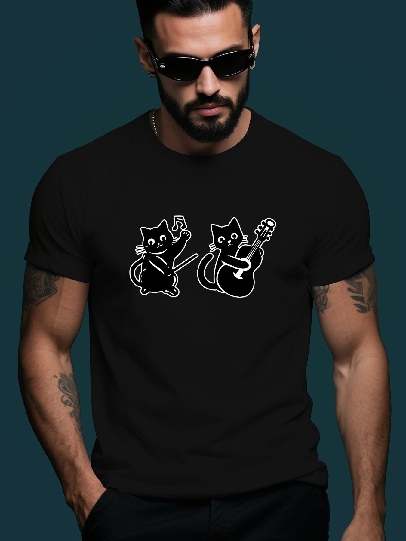 Music Guitar Cat Trendy Streetwear Summer Casual Round Ne... XXL