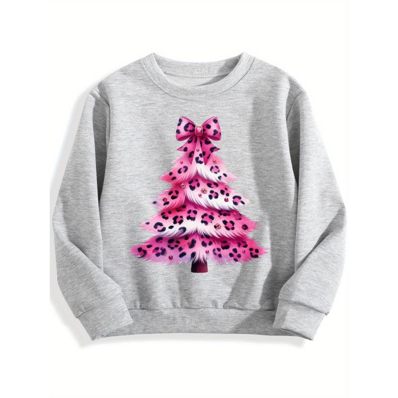 Kids Crewneck Sweatshirt, Pink Leopard Print Christmas Tree Graphic 110 серый