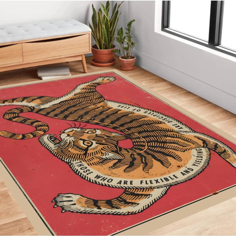 Retro Red Tiger Print Rug for Maximalist for Living Room Abstract Easy To Clean Bedroom Home Decor Soft Rug Beautiful Classic