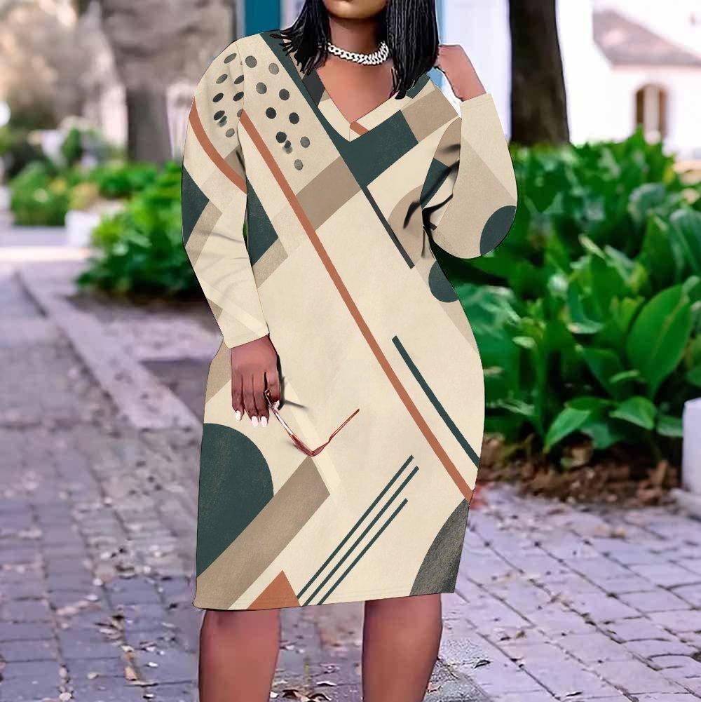 Women Plus Size V Neck Long Sleeve Abstract Printed Fitted Midi Dress