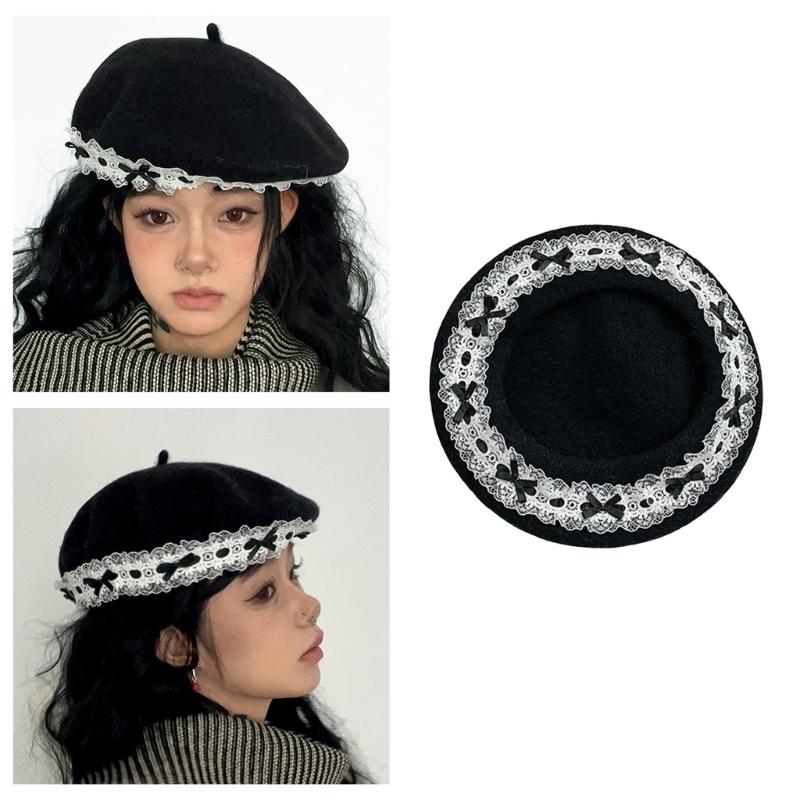 Trendy Painter Hat with Bows Flat Hat British Beret for Dating Photography Cabbie Headwear Painter Hat Autumn