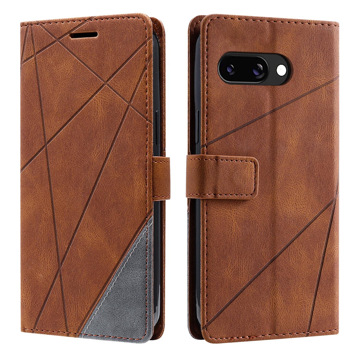 

For Google Pixel 9a Case Imprinted Lines PU Leather Splicing Wallet Phone Cover with Wrist Strap Brown