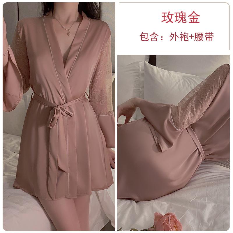 Satin Embroidered Lace Plus Chest Pad Slim Suspender Nightdress Belt Robe Women's Loungewear Set