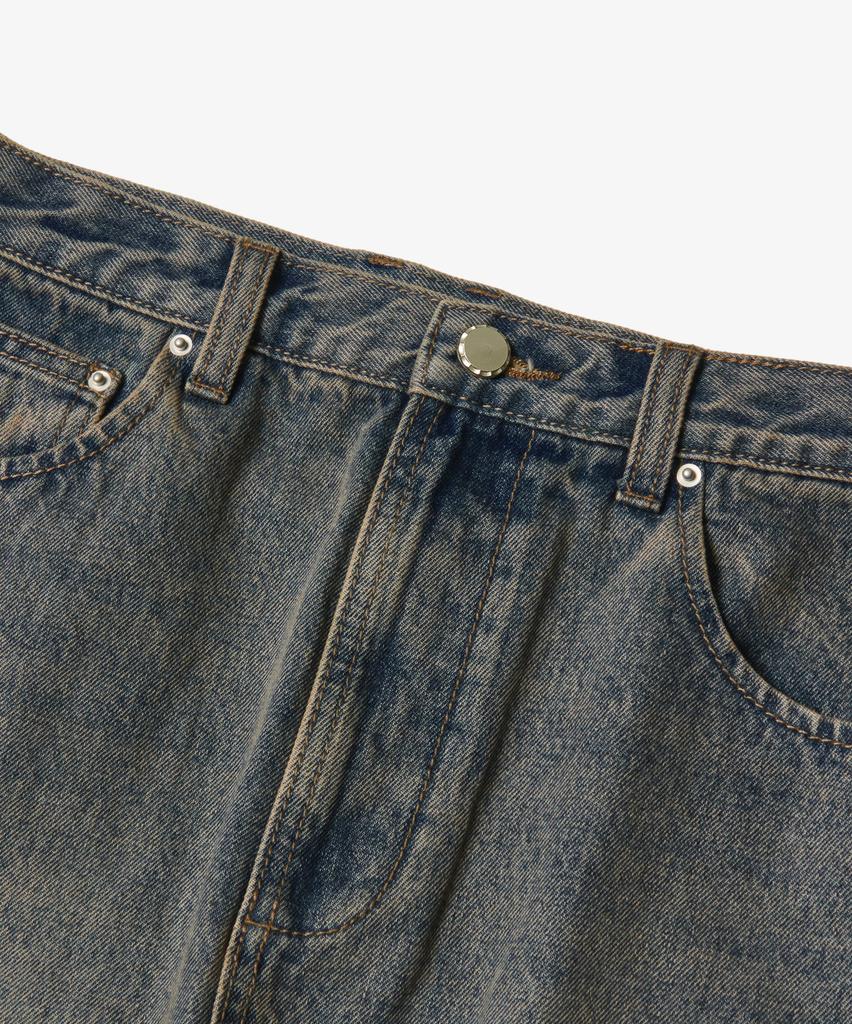 Yujen Slit Washed Denim Long Skirt_Dust Indigo