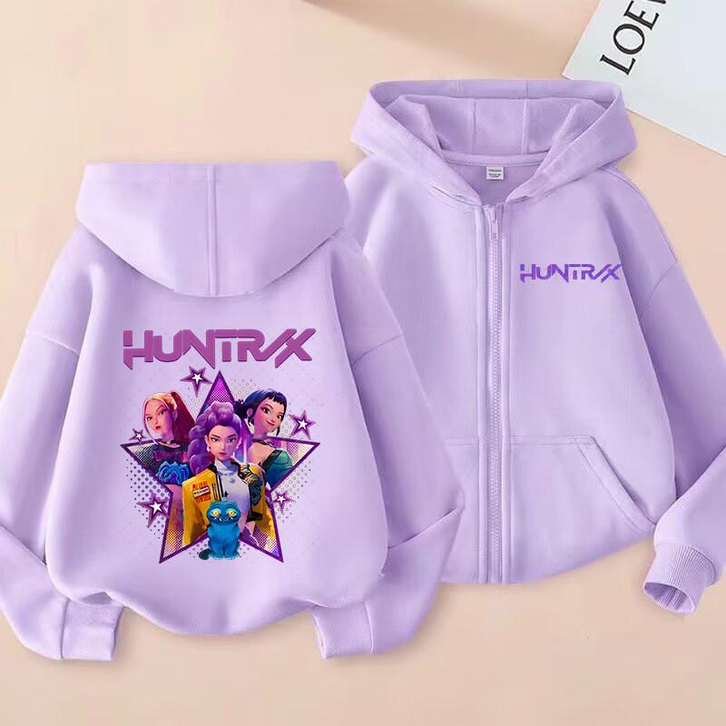 K-Pop Demon Hunters Zip Jacket Rumi Mira Zoey Cartoon Printed Children Clothing Casual Outerwear Hooded Coat Girls Clothes Gift
