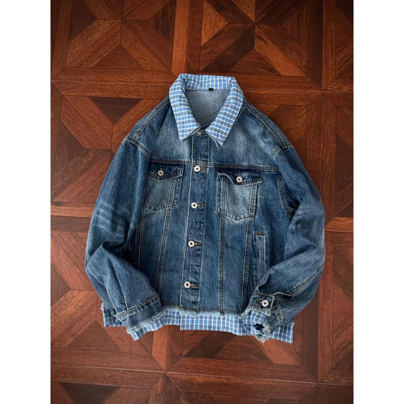 

Men s Off White Denim Jacket Plaid Collar Cuff Detail Oversized Streetwear Outerwear M синій