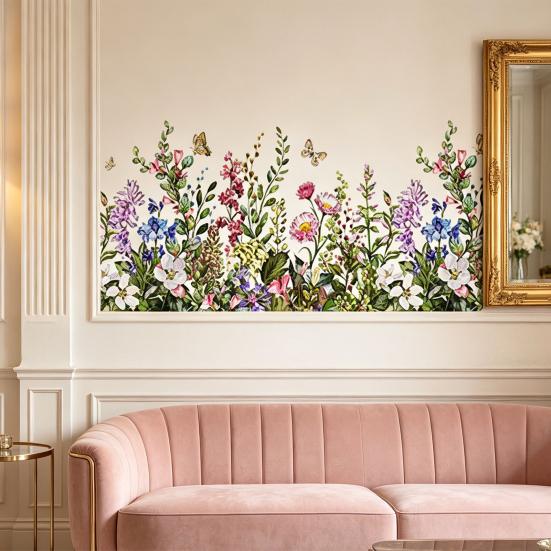 Yousheng 2 Sheets Watercolor Floral Wall Corner Stickers Wildflower Butterflies Green Grass Baseboard Skirting Line Wall Decals for Bedroom Living