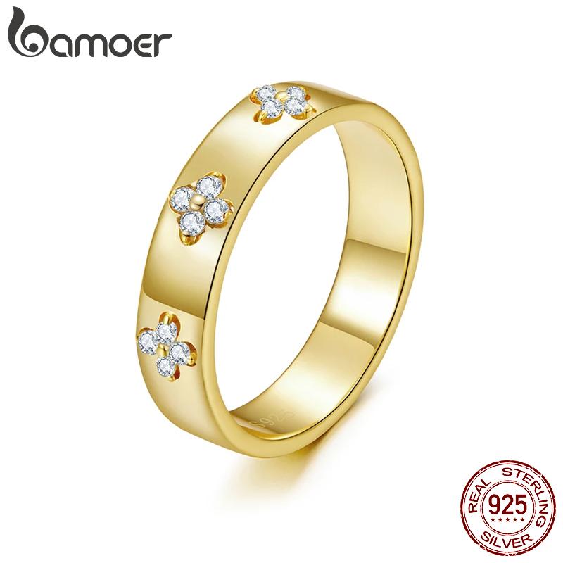 BAMOER 925 Silver Lucky Clover Moissanite Ring, Gold Plated D Color Round Cut Wide Band Ring for Women Wedding Gift