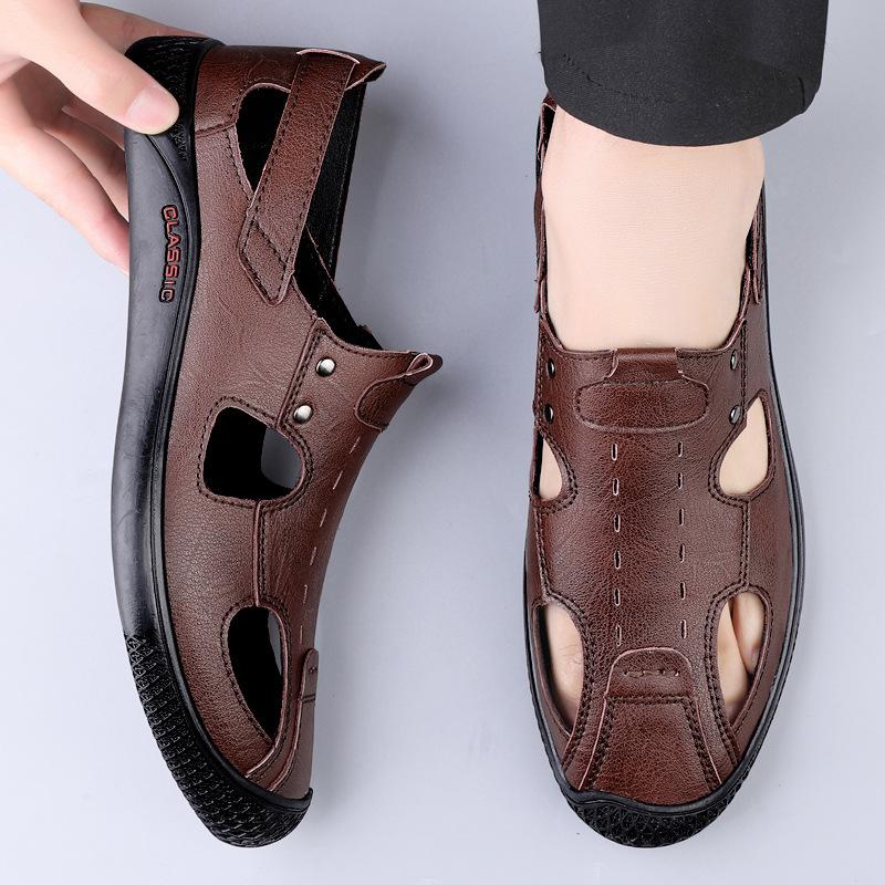 

Men s shoes 2025 summer new outer wear bag head cover foot breathable hollow leather shoes men s non-slip soft sole casual sandals 46 коричневый