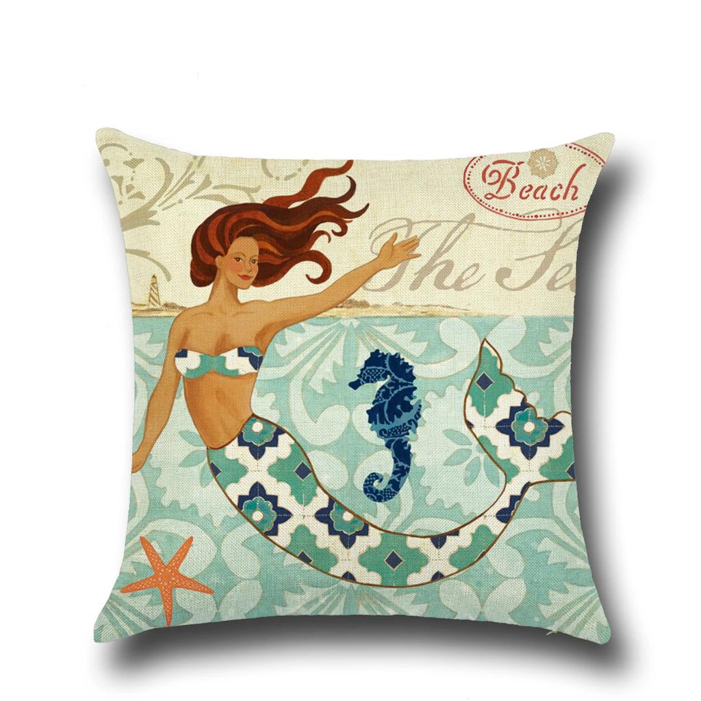 Sea Turtle Nautical Mermaid Pattern Cotton Linen Throw Pillow Cushion Cover Car Home Decoration Sofa Decorative Pillowcase 40018