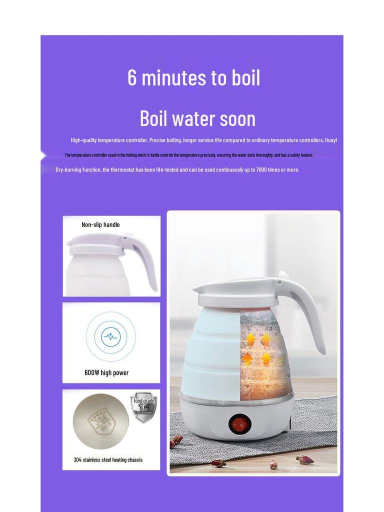 Portable Folding Silicone Electric Kettle with 304 Stainless Steel, Auto Power Off, Anti-Dry Burning - Ideal for Travel, Home, or Dorm Use