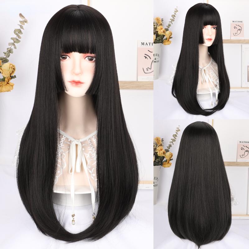 Gold Long Straight Wig Princess Bangs 26 Inch Fiber Synthetic Heat-resistant Sweet And Natural Party or Selfie For Women Korean Fashion