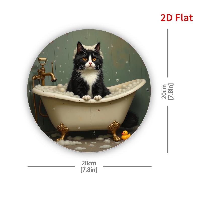 HD Tin Sign Tuxedo Cat In Bathtub Round Metal Wall Art Funny Bathroom Decor