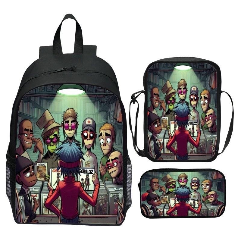 Gorillaz UK Virtual Band Printed Cartoon Backpack 3-Piece Set School Bag Lightweight Large Capacity