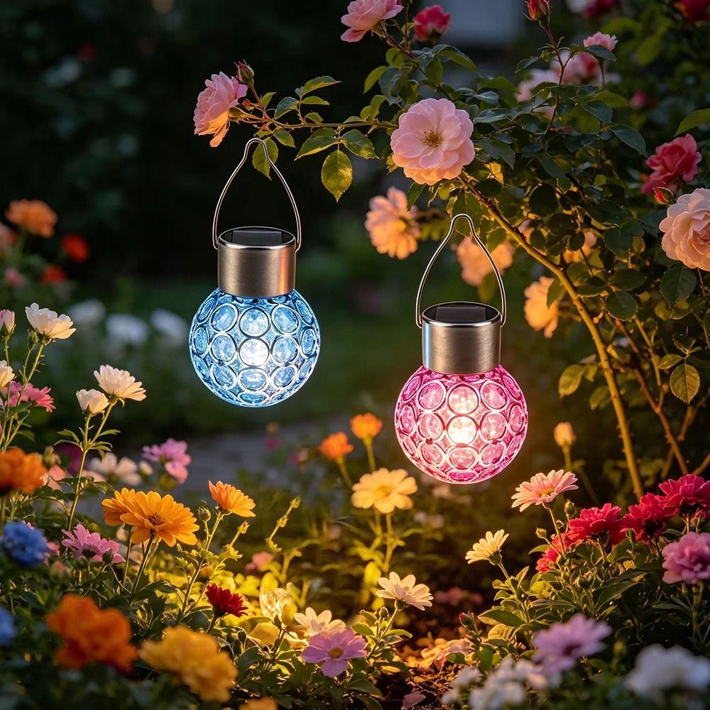 Camping Waterproof Solar Lights Round Ball Multicolor Hanging Light Motion Sensor Glass Chandeliers Lanterns Camping
