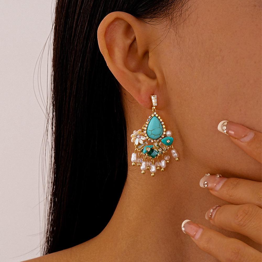 Turquoise Bohemian Turquoise Earrings Pearl Flower Shape Earrings Pendant  Lady Gifts