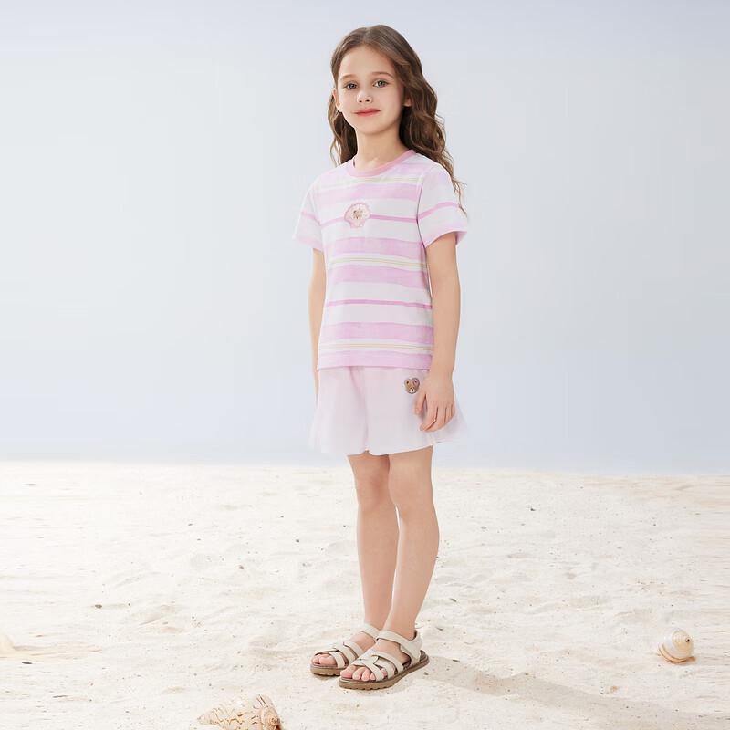 PawinPaw 2025 Summer Girls' Striped Bear Print T-Shirt