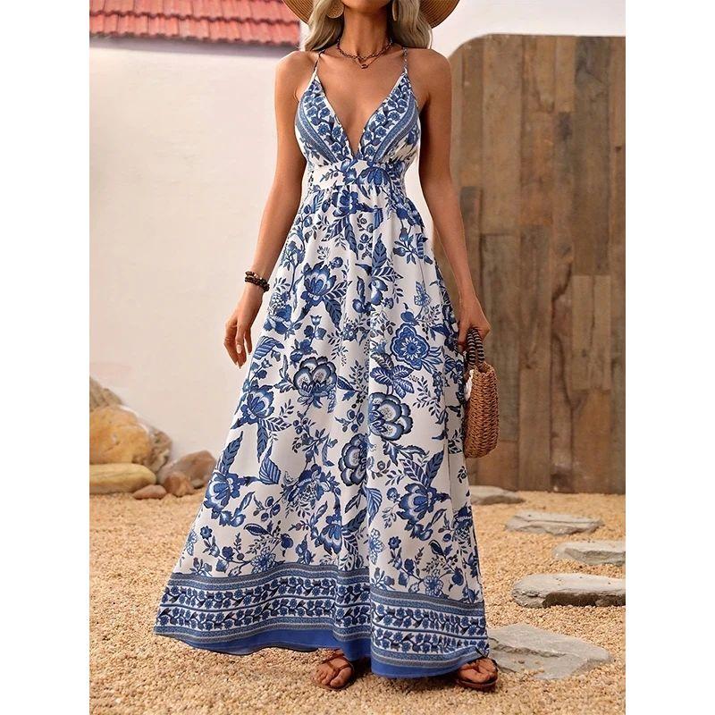 Western Style Summer New Sexy Deep V-neck Sexy Print Waist Hugging Backless Sling Dress Beach Long dress Women