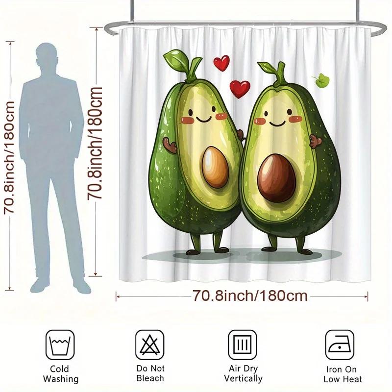 ~O~Fun Avocado Shower Curtain - Red Hearts & Cartoon Design, Polyester, 12 Hooks, Cheerful Bathroom Decor, Great for Youngsters