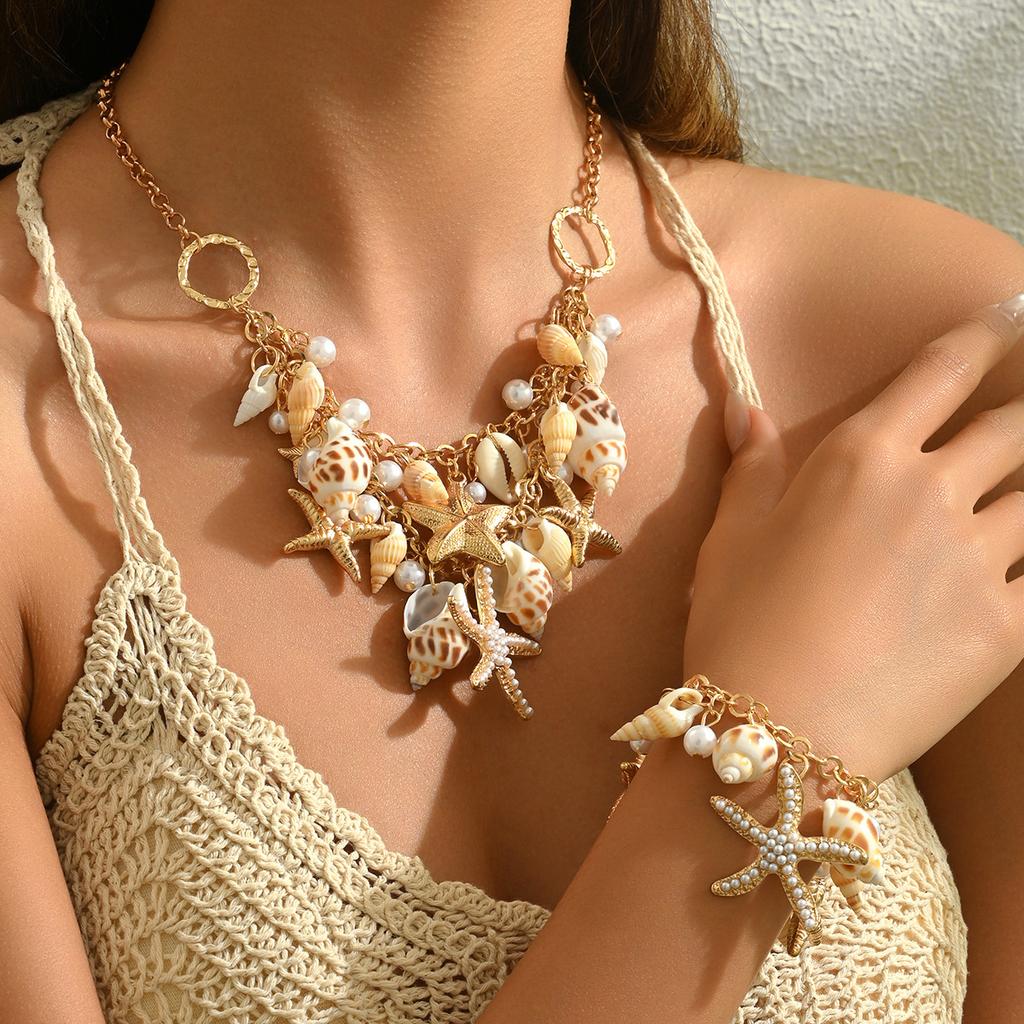 Oceaniczny Wiatr Damski Naszyjnik Bransoletka Zestaw Personalizowany Naszyjnik Biżuteria Design Rozgwiazda Muszla Perła
