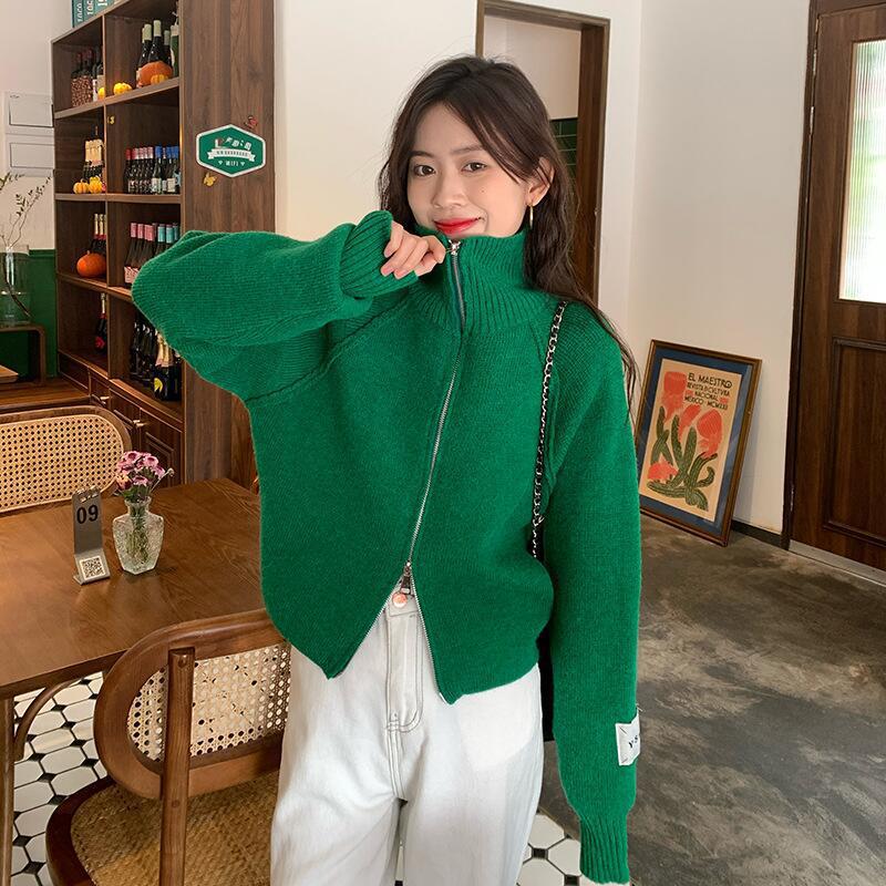 Blue Sweater Jacket Fall and Winter Thickened Zipper Design Sense Long-sleeved Knitted Cardigan Tops Female Comfortable Versatile Fashionable