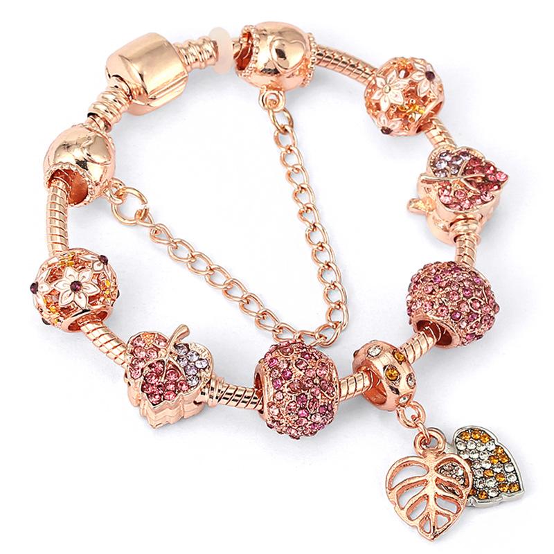 Pan's Rose Gold European Style Princess Crown Heart Pendant Bracelet for Women - DIY Customizable Series.