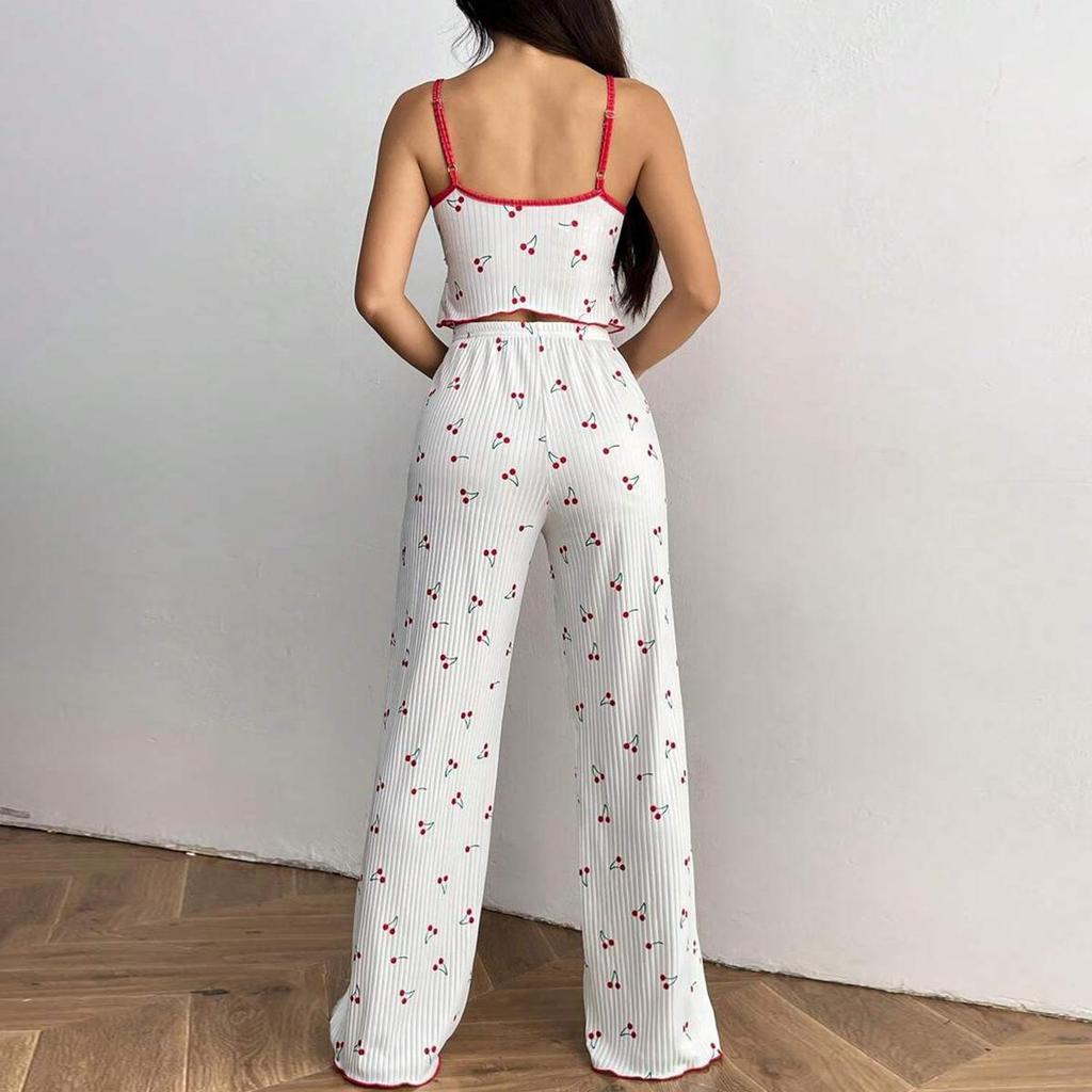 Summer Sling Pajamas Set Women Pants and Sleeveless Tops Set Round Neck Sleepwear Young Girls Cherry Print Loungewear Homewear Pyjamas
