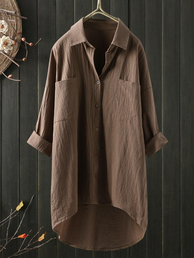 Woman Blouses Casual Home Cotton Linen Large Size Single Breasted Commuting Style Long Sleeved Shirt