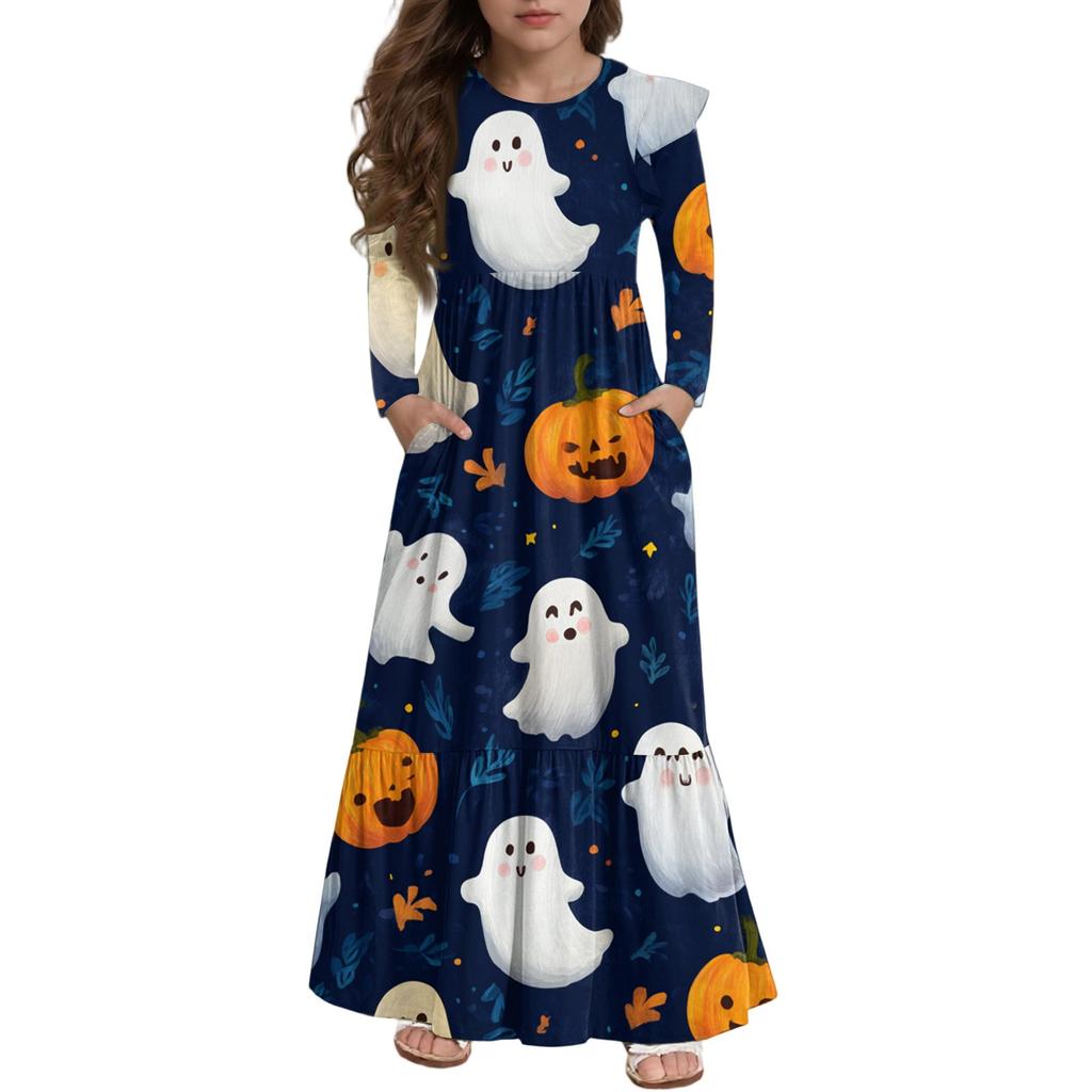 Girls' Tiered Ruffle Dress Halloween Day - Long Sleeve Printed Maxi With Pockets