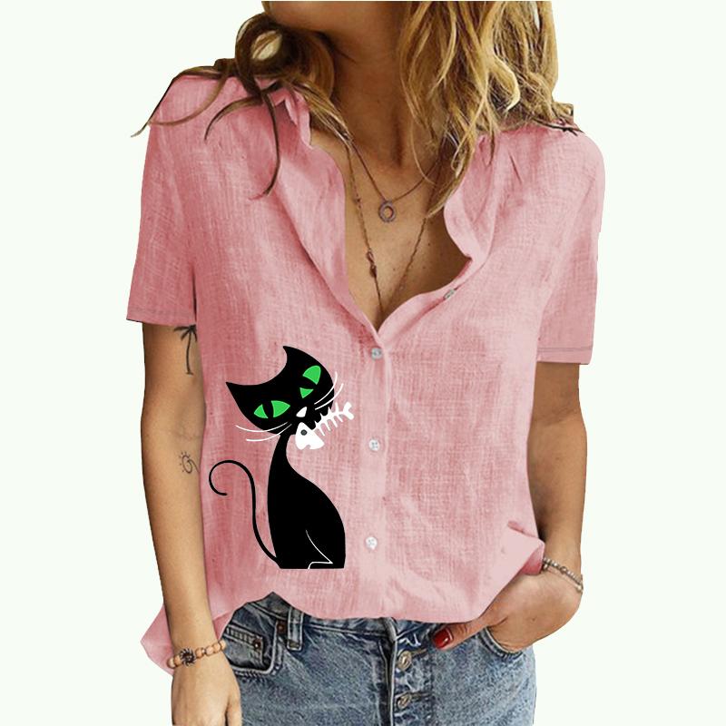 

Женская мода блузки с лацканами и воротником лето и осень футболка с короткими рукавами и принтом кота женский хлопковый льняной кардиган футболка 5XL розовый