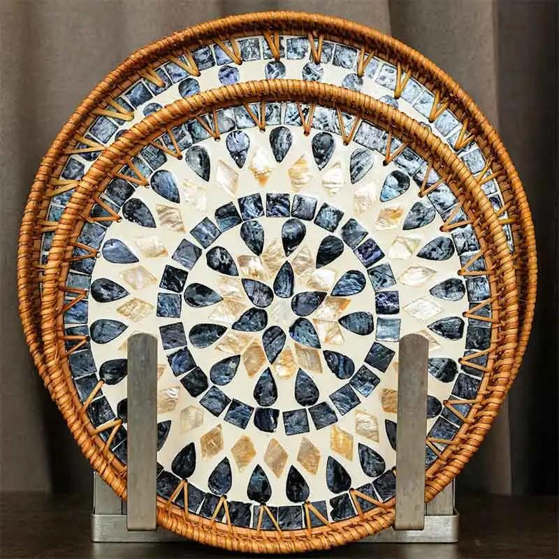 Handgewebte Mosaikschale Dekoratives rundes Rattanservice mit Perlmutt-Einlage für Snacks Trockenfruchtplatte Heimdekoration 118