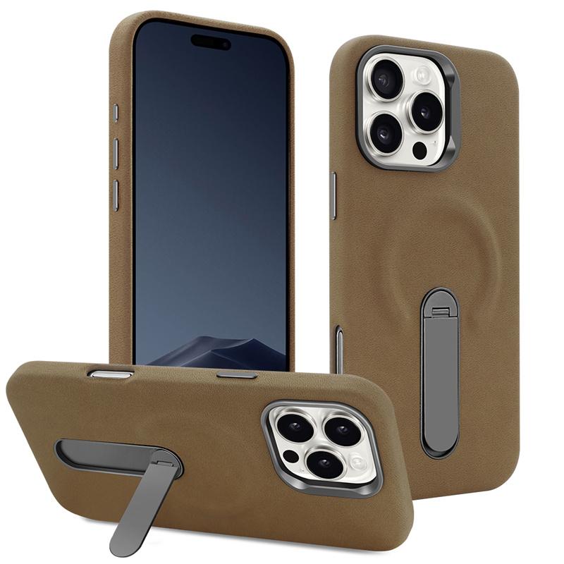 Luxury Magsafe Suede PU Leather Phone Case for iPhone 15 Pro /16 Pro Max Metal Alloy Lens 360 ° Rotating Bracket Magnetic Cover