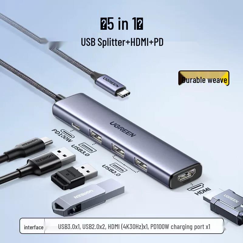 UGREEN 5-in-1 Type-C Hub with HDMI, VGA, USB 3.0, and PD