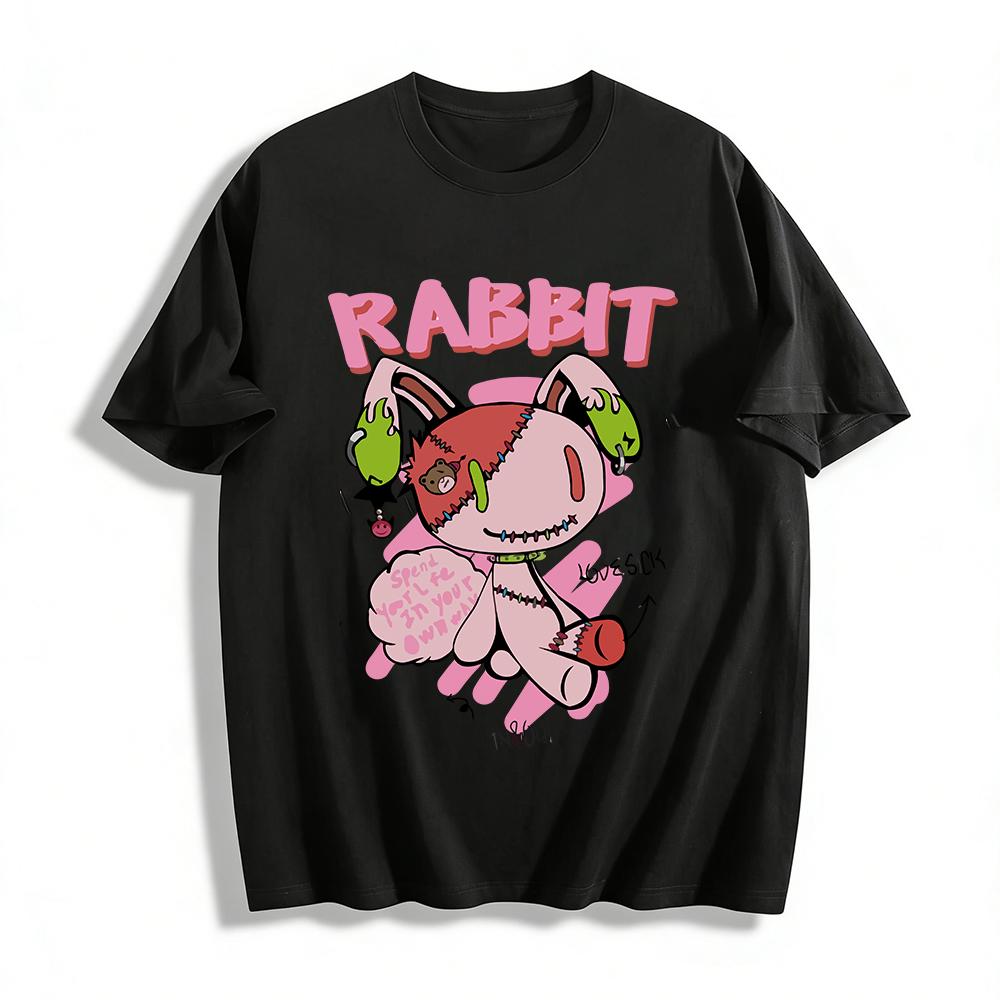 

Y2K Style Stitched Rabbit Print Top, Harajuku E-Girl Aesthetic Niche Design Loose Long Sleeve T-Shirt Pure cotton T-shirt 6XL