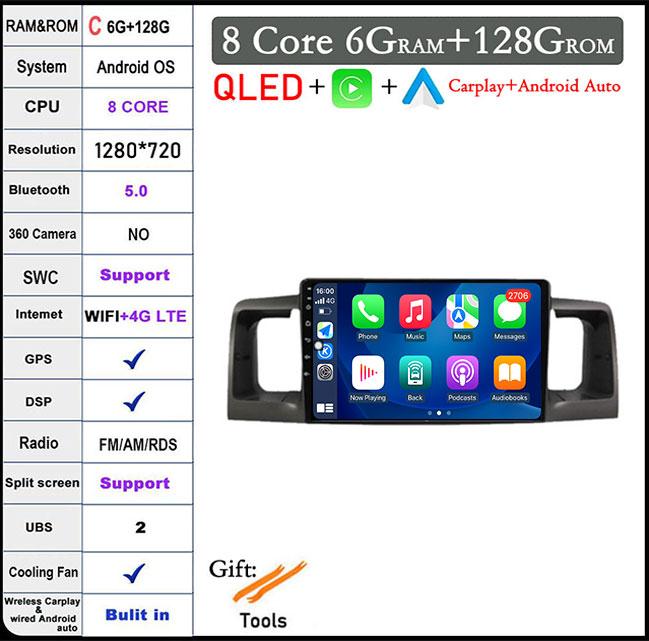 Android 14 For Toyota Corolla E120 E 120 Byd F3 2007-2011 Dsp 4G LTE Car Video Radio Multimedia GPS Player Carplay