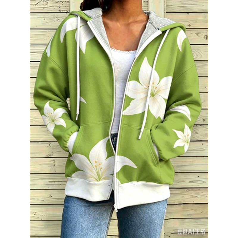 Felpa con cerniera, patchwork, alla moda, larga, casual da donna, stampa floreale, moda primavera ed estate