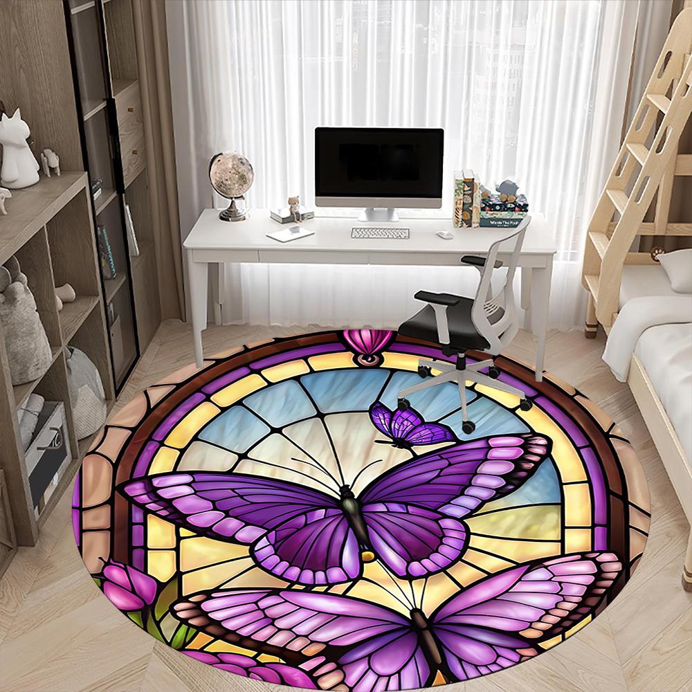 1pc Butterfly StainedGlass Office Round Area Rug,  Mat Suitable ForOffice, Under Office Chairs Bedroom Living Room Home Decor, Room Deco