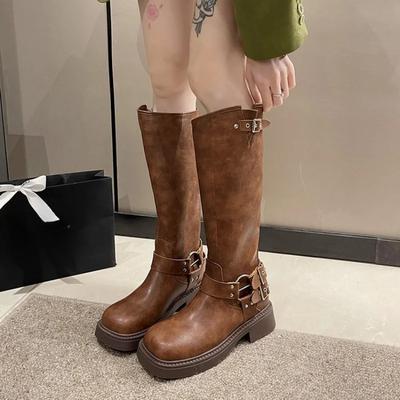 Bottes hautes à plateforme pour femmes, talons épais, boucle, vintage, mode, décontracté, luxe, créateur, bottes de cowboy mi-mollet