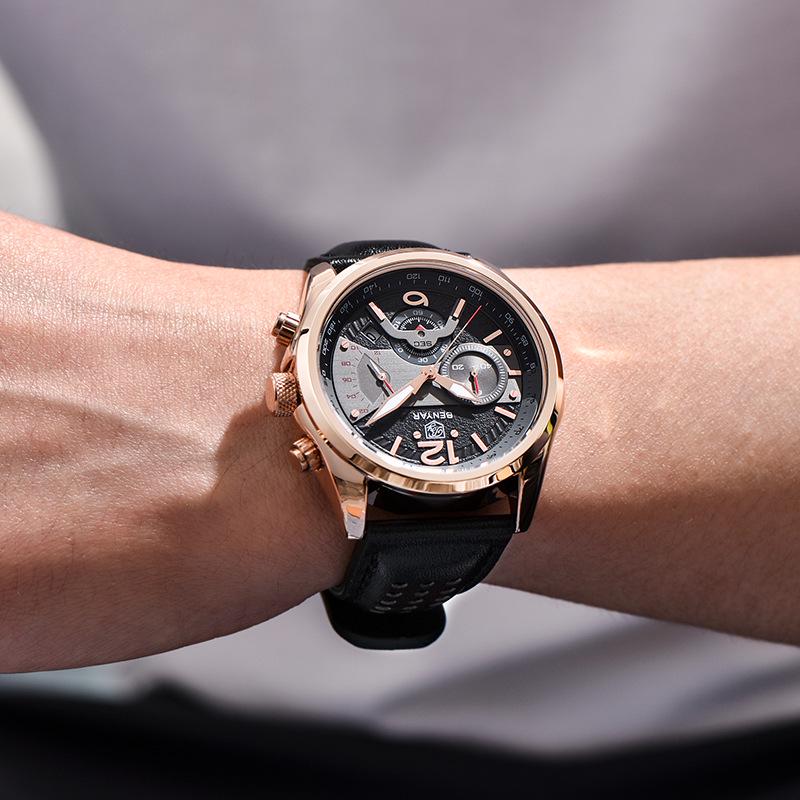 Benyar Men's Fashion Sport Chronograph Leather Quartz Watch - Model 5171