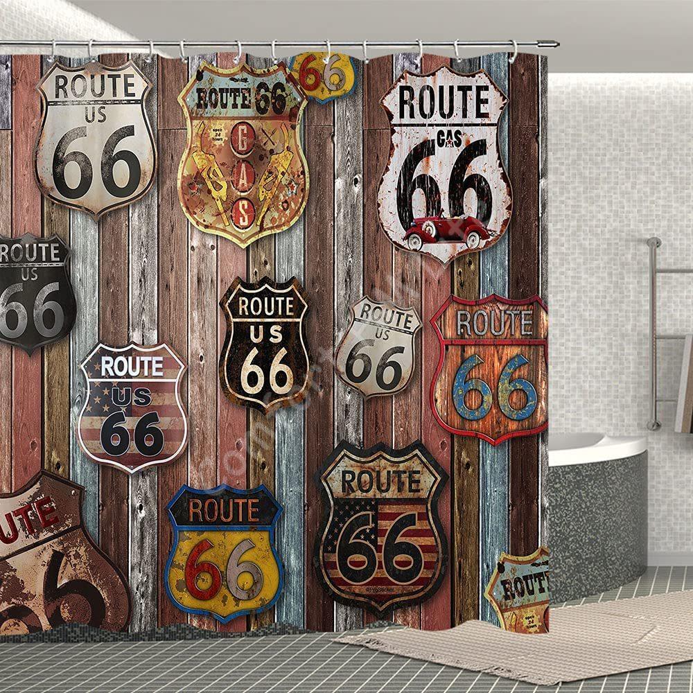 Polyester Fabric Waterproof Shower Curtain Set with 12 Plastic Hooks Home Decorative Bath Curtains US Route 66 Sign 72x78 Inches